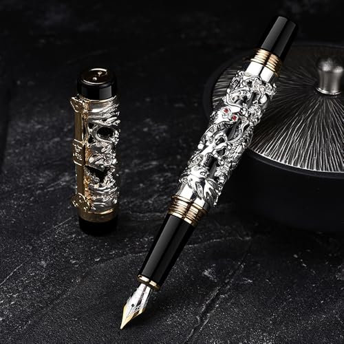 Jinhao Vintage Metal Carving Dragon Phoenix Fountain Pen F Nib Heavy Calligraphy Ink Pens 