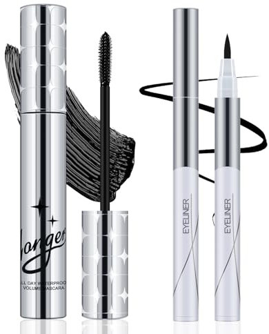 Apooliy Duo aus schwarzer Wimperntusche und flüssigem Eyeliner,Wasserfest, wischfest, All-Day Wear Eye Makeup Set für kühne, Dramatische Augen(2Stück)