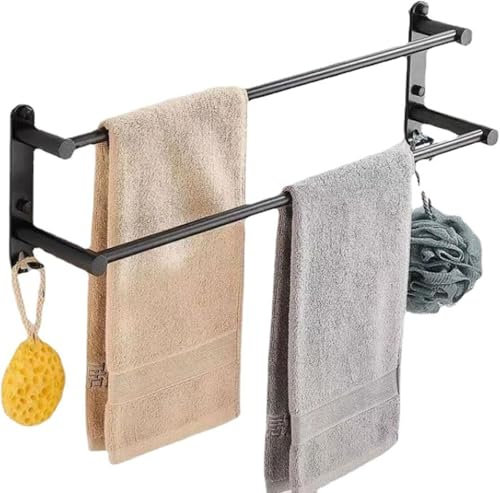 Porte Serviette Porte Serviettes Salle de Bains,Porte Serviette étagère Serviette,Noir Barres Porte Serviettes Mural Adhesif pour Douche et Cuisine,agère Serviette Salle de Bain Porte-2-Tier||100cm