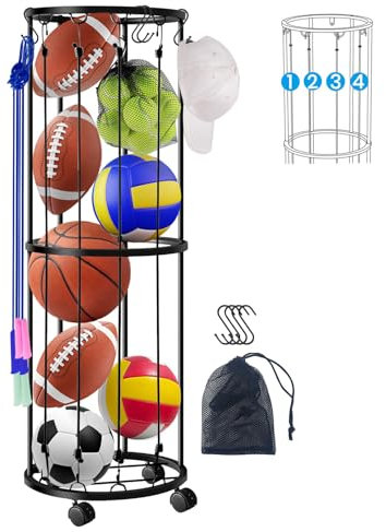 Bibykivn 2/3 Tier Vertical Ball Rack con Ruote, Gabbia di Stoccaggio Palline da Parete, Salvaspazio Garage e Casa Basket Calcio Pallavolo Rack di Stoccaggio