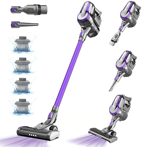FixtFixer 250W/250KPA Aspiradora sin Cable, 4*HEPA Filter Aspirador Escoba sin Cable Potente 55 Minutos en Modo Automático, Aspirador Inalámbrico Antienredo para Suelo/Alfombra/Pelos de Animales