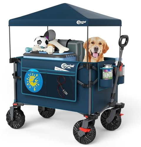 PORTAL Bollerwagen faltbar mit Dach 350L 122KG Klappwagen Handwagen klappbar schnellspannere breite Reifen mit Getränkehalter Sonnenschutz für Ausflug Strand Camping Einkaufen