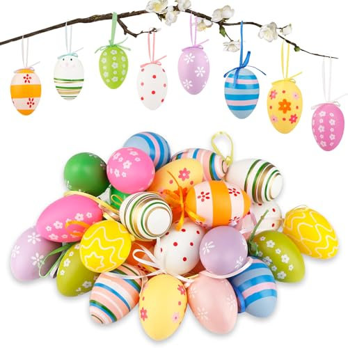 Ostereier Zum Aufhängen, 24 Stück Ostereier Plastik, Ostereier Zum Bemalen, Ostereier Dekorationen, Basteln Deko Ostern, Aufhängen Kunststoffeier für Dekoration, DIY Ostereier Geschenke Easter Eggs