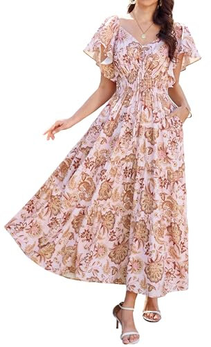 GRACE KARIN Women Summer Floral Maxi Dress Wedding Guest Dress V Neck Short Sleeve Dress with Pockets White Yellow Flower M