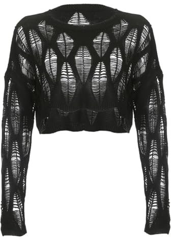 Women's Ripped Knit Crop Tops Casual Hole Hollow Out Y2K T-Shirts Punk Goth Long Sleeve Knitted Shirt Black
