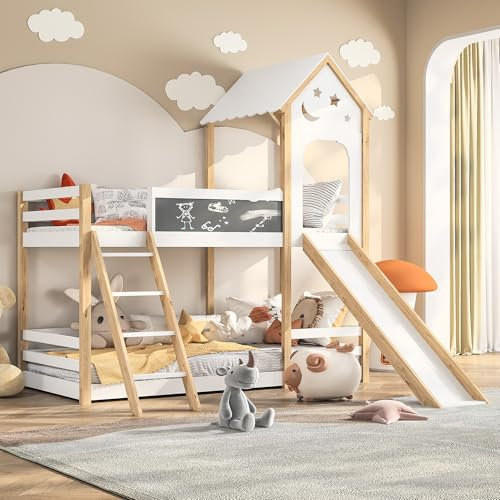 RXMORI Lit superposé, avec échelle et toboggan, 90 x 200 cm, pour 2 enfants, avec protection anti-chute, 2 sommier à lattes et tableau d'écriture, lit superposé, aire de jeux pour garçons et filles,