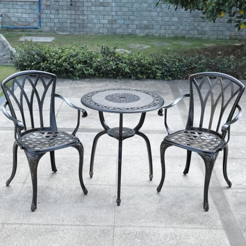 TangXiaoQi Gartenmöbel Set 3-teilig, Bistro-Set aus Aluminiumguss, Ornamentaler Tisch und 2 Stühle (bronzefarben)