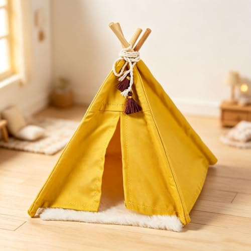 Minamzee 1:12 Puppenhausmöbel Zelt, Fee Stil Miniatur Spitzenzelt mit Teppich, Puppenhaus Zubehör Camping Bett Zelt für Garten, Terrasse, Schlafzimmer, Außenmöbel (Gelbes Campingzelt)