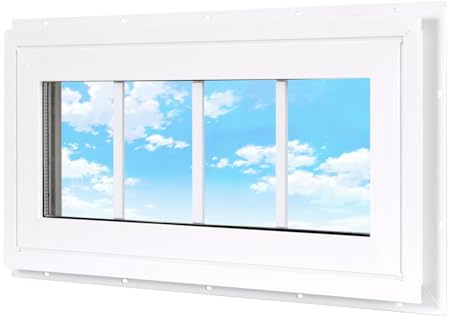 Ventana de montante de vinilo para el hogar, 25,4 x 58,4 cm, ventana fija de doble panel con rejillas y vidrio templado para casa, garaje (blanco)
