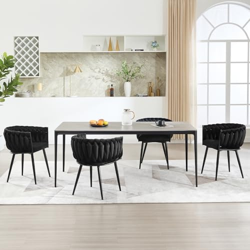 KHISCHMO Samt Esszimmerstühle 4er Set Schalenstuhl mit Armlehne in Knoten Optik Küchenstühle mit handgeflochtenen Rückenlehne Schminktisch Stuhl für Küche, Wohnzimmer, Büro, Schwarz