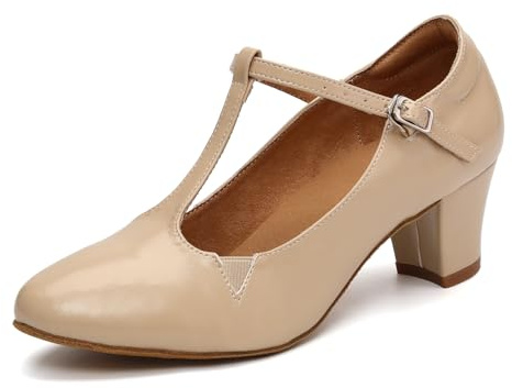 GYUBL Women's T-Strap Character Shoes Beige Latin Ballroom Closed Toe Salsa Tango Dancing Shoes with 2 inch Heels, 3 UK