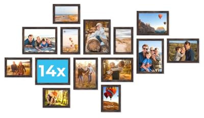 PHOTOLINI Bilderrahmen Set verschiedene Größen, Bilderwand Collage 14 Rahmen, Bilderrahmen-Set Eiche dunkel Holz MDF, Aufstellen & Aufhängen, Acrylglas, photo frames for wall 10x15, 13x18 & 15x20 cm