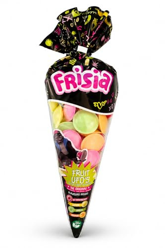 Frisia Fruit UFO’s Flying Saucers 45g Cone Bags – 100% Vegan Sour Sherbet Filled Wafers with Apple, Orange, Lemon & Strawberry Flavours – Retro Fizzy Candy Treat, Fun Novelty Sweets for Kids & Adults