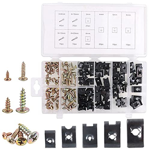 Swpeet 170 Stk Auto-U-Clip-U-Mutter und Schrauben-Set, U-Type Metall Clipmuttern, Auto Befestigung Clips,Befestigung Blechmutter Clip für Armaturenbrett-Türverkleidung, Innenausstattung SAE