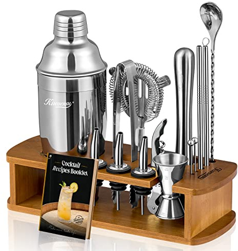 KITESSENSU Cocktail Shaker Set Bartender Kit with Stand | Bar Set Drink Mixer Set with All Essential Accessory Tools: Martini Shaker, Jigger, Strainer, Mixer Spoon, Muddler, Liquor Pourers |Silver