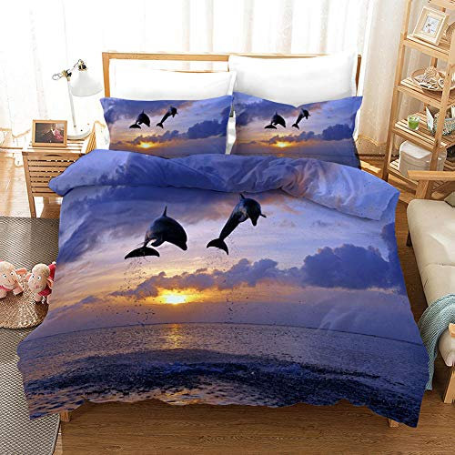 aakkjjzz Kinder Bettwäsche 135X200 cm für Mädchen und Jungen 3D Weiche Bettbezug Mikrofaser Set Kinderbettwäsche Sonnenuntergang mit Delfinen Bettbezüge mit Reißverschluss +2 Kissenbezüge 80X80 cm
