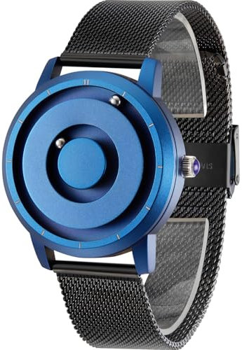 EUTOUR Montre Homme Magnétique Pas de Verre Roulement à Billes Quartz Montres Bracelet pour Homme avec Bracelet en Acier Inoxydable Bleu