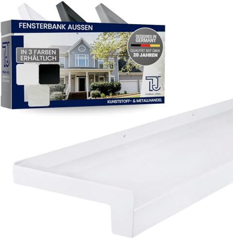 TJ Fensterbank Außen I 150 mm x 1400 mm I Weiß RAL 9016 I hochwertiges Aluminium Fensterbrett mit Seitenabschluss I pflegeleichter & langlebiger Alu Fenstersims I pulverbeschichtete Außenfensterbank