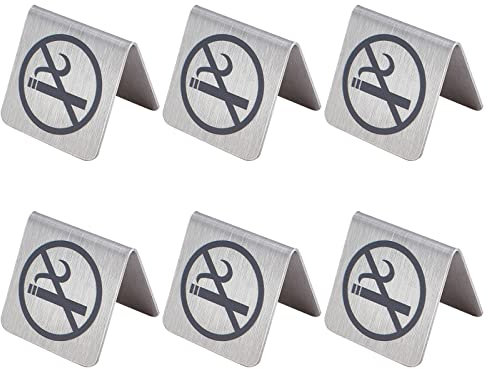 AHANDMAKER 6 Pcs Stainless Steel No Smoking Table Sign, Reservation Signage Board Warning Sign No Smoking Sign Card Hotel Office Non-Smoking Desk Logo Indicator, 48x50x50mm