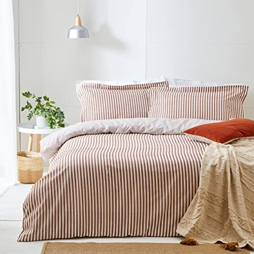 furn. Yard Hebden Mélange Stripe Cotton Duvet Set – Ultra Soft Reversible Striped Bedding (Pecan – Super King)