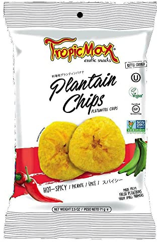 TropicMax - Plantain Chips with Spicy (Maduritos) Flavor - Gluten-Free Kettle Cooked Organic Healthy Snacks - Vegan Green Plantain Chip Individual Bags - Non-GMO, Certified Kosher (2.5oz - 12 packs)