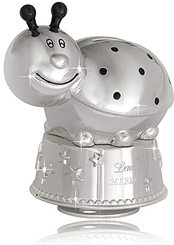 Versilberte Spieluhr Marienkäfer, Käfer Spardose auf Sockel