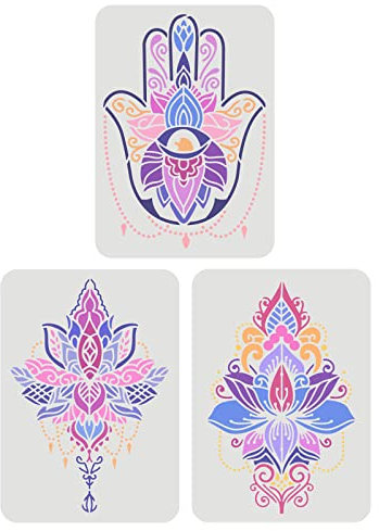 FINGERINSPIRE 3 Stück Hamsa Handschablonen 29,7x21cm Wiederverwendbare Heilige Lotusblumen Schablone Mandala Handzeichnungsschablone Yoga Schablone zum Malen auf Wand, Leinwand, Möbeln und Papier