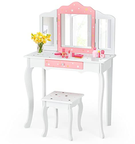 GOPLUS Kinder Schminktisch mit Hocker, Prinzessin Kosmetiktisch mit abnehmbarem Klappspiegel, Frisiertisch Holz mit Schublade für Mädchen (Weiß)