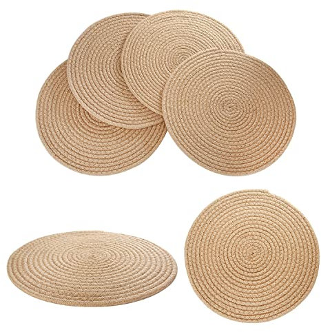 Set of 6 Round Jute Woven Placemats, Braided Tablemats Natural Jute Handmade Woven Placemats Heat Resistant Non-Slip Potholder for Kitchen Dining Table (6, 11.8 inch)