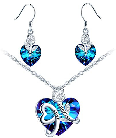 MICSAVI Kristall Kette und Ohrringe Set Blume Rose Halskette mit Love Forever gravieren Herz Schmuckset Sterling Silber 925 Halskette Rose Ohrhänger Schmuck Für Frauen Mädchen Frau Mutter Freundin