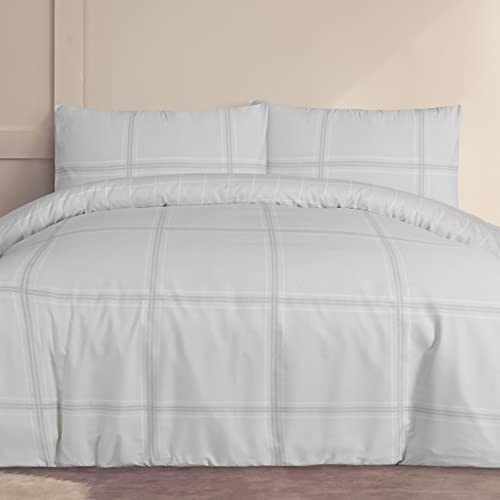 Sleepdown Linear Plaid Check Grid Reversible Duvet Cover Quilt Bedding Set with Pillowcase Soft Easy Care Bed Linen - Natural - Double (200cm x 200cm)