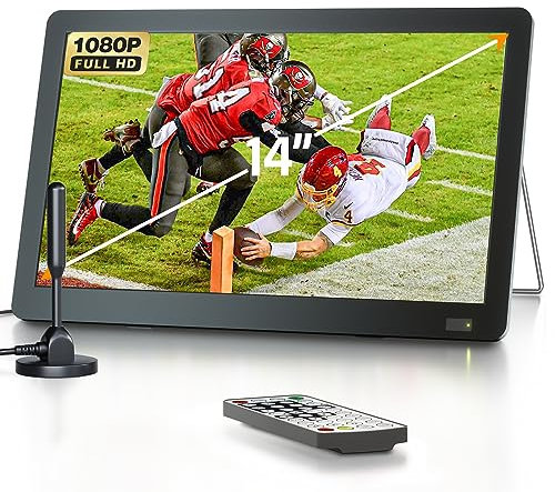 DESOBRY Piccola TV da 14 pollici con antenna, portatile con sintonizzatore ATSC, monitor LCD ricaricabile a batteria 1080P, supporto integrato, ingresso HDMI, USB, ingresso AV, supporta campeggio