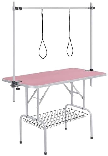 Abician Table de Toilettage Pliante pour Gros Chien Table de Toilettage Portable Hauteur Réglable Chat Animaux de Compagnie 113,5 × 61 × 76 cm Charge Maximale de 120 kg Rose