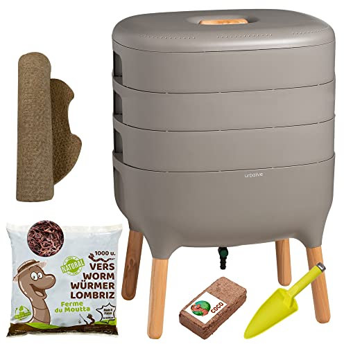 Moutta | Urbalive 3 Plateaux Gris Kit Complet I Lombricomposteur Design I 500gr de vers de Compost I Substrat de démarrage I Tapis de Chanvre + Pelle I Intérieur, Balcon et Jardin