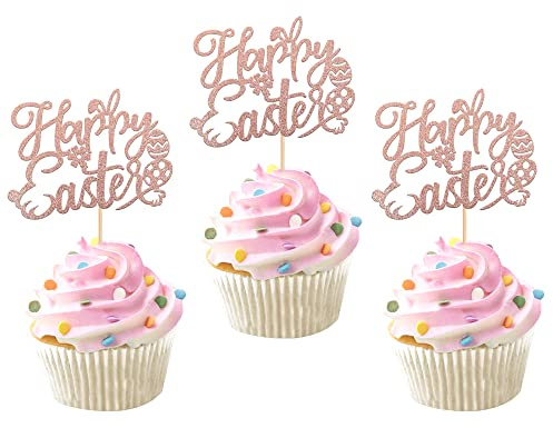 Xsstarmi 24 Stück Happy Easte Cupcake Topper Glitzer Hasenohren Osterei Dekor Cupcake Essen Picks für Happy Easter Thema Babyparty Geburtstag Ostern Party Kuchen Dekorationen Roségold