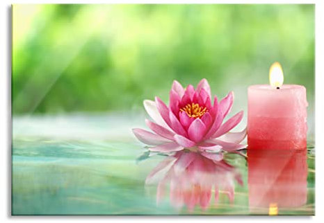 Pixxprint Glasbild, Wandbild aus Echtglas, Kleine Seerose neben Kerze, 60x40 cm, inkl. Aufhängung und Abstandshalter