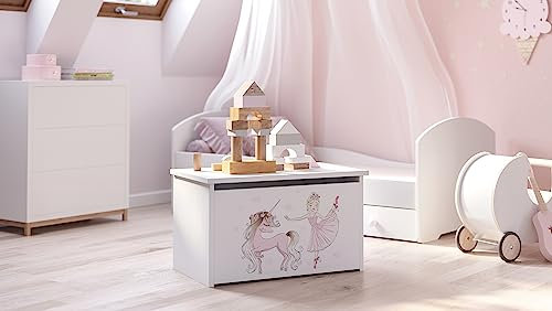 KOBI Coffre a Jouets DARIA | 42 x 73 x 40 cm | Coffre de Rangement Enfant | Caisse pour Jouet | Garcon et Fille | Bac a Jouet Chambre Enfants Bebe | Blanc avec Rose Bellerine et Licorne