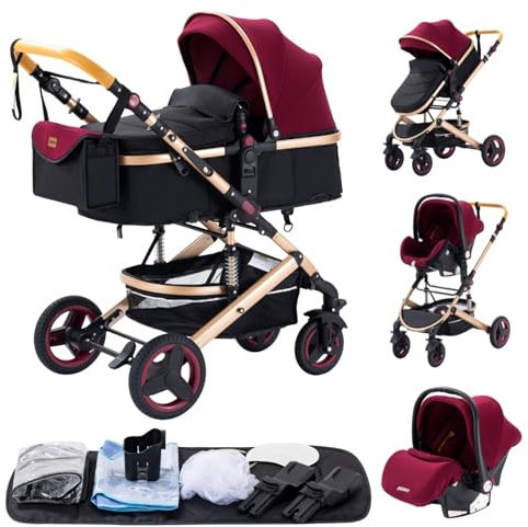 YAZOCO kinderwagen 3 in 1, Zusammenklappbar kinderwagen mit Wickeltasche,Komplettset Becherhalter,Moskitonetz, Fußabdeckung,Sitzzubehör (2 Rot)