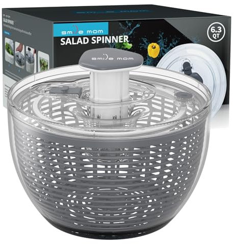 Smile mom Salatschleuder, große Salatschleuder, Küchenhelfer, große Salatschleuder, Gemüsewascher, hohe Effizienz zum Waschen und Trocknen von Blattgemüse, Einhandbedienung, einfache Pressung, 6,3 Qt,