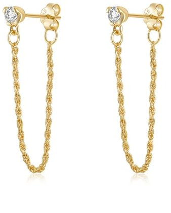 H Ohrringe, 925 Silber Ohrringe Ohrstecker mit Seilkette und Quasten Gold Schnur mit Weiß Rundschliff Zirkonia