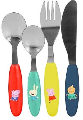 Peppa Wutz Kinderbesteck Set 4-teilig - Edelstahl mit Messer, Gabel, Suppenlöffel und Dessertlöffel - Kunststoffgriffe, spülmaschinengeeignet - Esslern-Besteck für Mädchen und Jungen