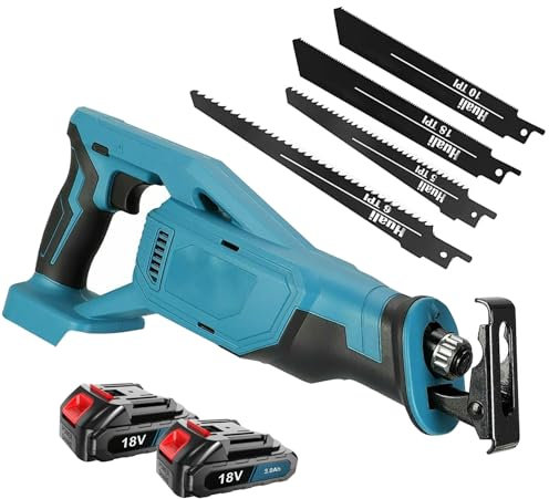 Akku Recipro Säbelsäge, 18V Akku Säbelsäge, von 0 bis 2700 RPM, 4 Stück Sägeblätter, mit 2 x 3.0AH Batterien und Ladegerät