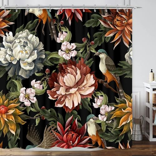 GOAOK Schwarzer Boho-Duschvorhang mit Blumenmuster, Leuchtend abstrakt, böhmische Tropische Blätter, Pflanze, Blume, botanischer Vogel, moderner ästhetischer Boho-Chic, Stoff-Duschvorhang, 12 Haken