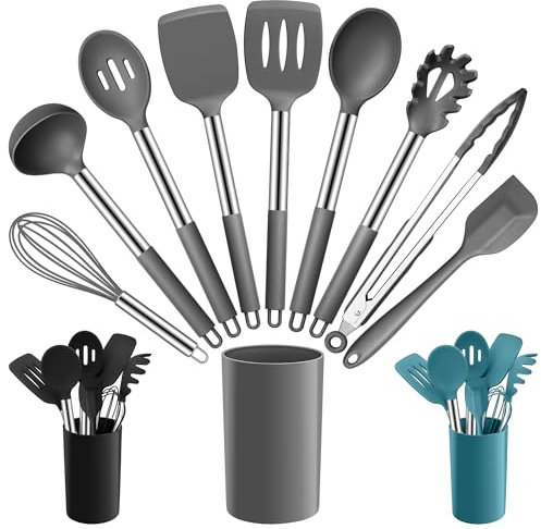 Joyfair Kitchen Utensils Set, 10 Pcs Silicone Cooking Utensils Set with Stainless Steel Handle, Heat Resistant Cooking Tools Spatula Turner Spoon with Holder, Dishwasher Safe & Non Scratch, Grey
