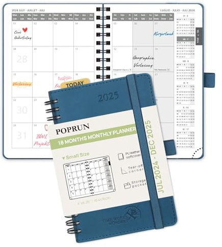 POPRUN Kalender 2025 Monatsplaner A6 (Jul.2024 - Dez.2025) - 18 Monate Monatskalender Ringbuch 16 x 10,5 cm - 1 Monat 4 Seiten, Softcover mit PU-Leder, 100 GSM Papier - Marineblau