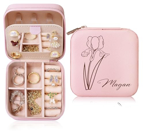 Personalised Travel Jewellery Box,Custom Jewelry Boxs with Name,Small Travel Jewellery Storage Case with Mirror,Personalised Gifts for Women,Bridesmaid Gifts,Birthday Gifts for Mom.