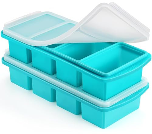 Silicone Freezer Tray with Lid - 1 Cup Silicone Food Freezer Tray - Large Ice Cube Freezer Molds - Soup, Sauce, leftovers, Homemade Meal Prep Freezing Kitchen Storage Containers - Aqua - 2-Pack