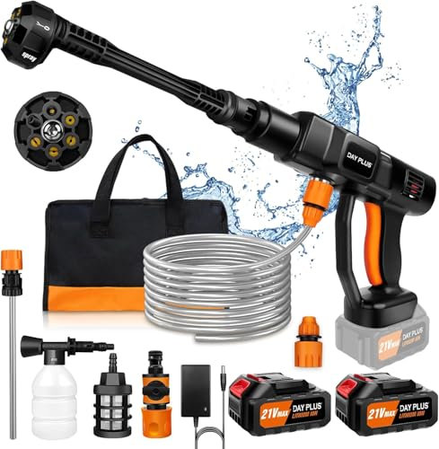 Idropulitrice a batteria,21V Idropulitrice Elettrica portatile,45Bar/652PSI,con un tubo flessibile da 5 metri e 2 * 3000mAh batterie, utilizzato per il lavaggio la pulizia e l'irrigazione delle auto