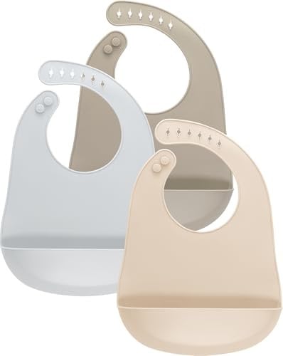 MOJINL Silikon Lätzchen Baby mit Auffangschale, BPA Frei Babylätzchen, Einstellbares Silikonlätzchen, Abwaschbares Fütterlätzchen für Babys Kleinkinder Jungen Mädchen Kinder (Lichtgrau+Olivgrau+Beige)
