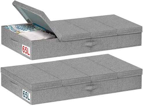 mepure 2 Pack 65L Underbed Storage, 106.7x42x15cm, Fabric Under Bed Storage Boxes with Lids, Large Foldable Clothes Storage Box W/Handle, Under Bed Storage Organiser for Clothes Blankets Shoes Toys